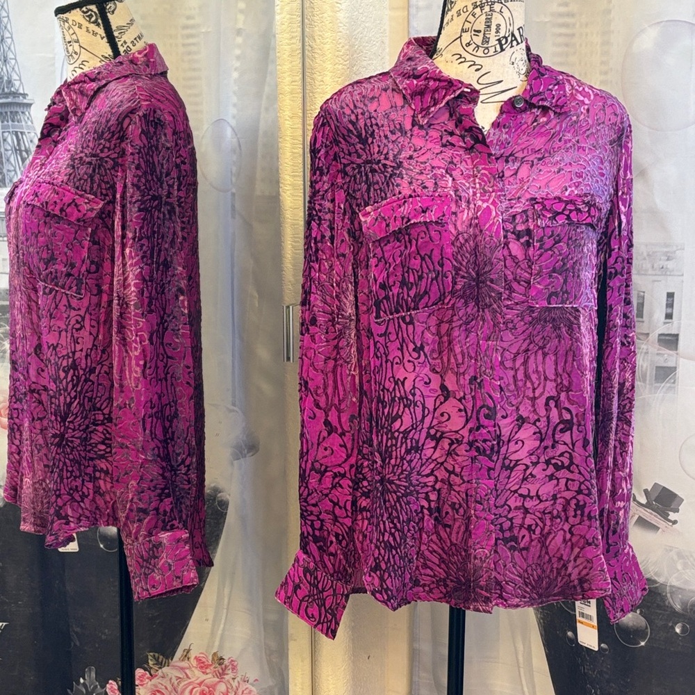 NWT 2 Old Hippies Purple and Black Velvet Burnout Button Down Shirt
